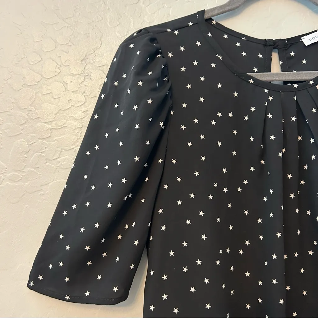 ⭐️Downeast black with white stars print pleated puff sleeve blouse size large - Image 7