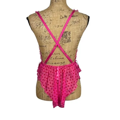 Victorias Secret Tease Pink Flocked Heart Bodysuit Sheer Mesh Sexy Size Small - Image 5
