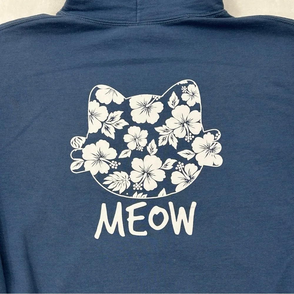 Kitty Cat Meow Hawaiian Floral Graphic Deep Navy Blue Hoodie Sweatshirt Adult S - Image 3