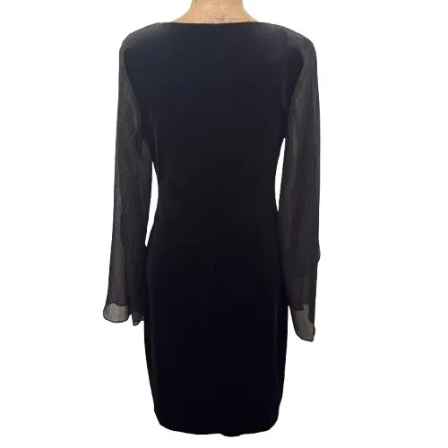 Connected Apparel Black Velvet Shift Dress Sheer Tulip Sleeve‎ Witchy LBD Size 6 - Image 5