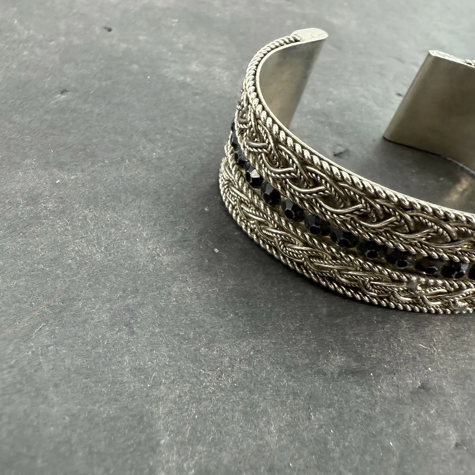 Vintage Silver Plate Black Rhinestone Cuff Bracelet Eternity Weave Rope Twist - Image 2