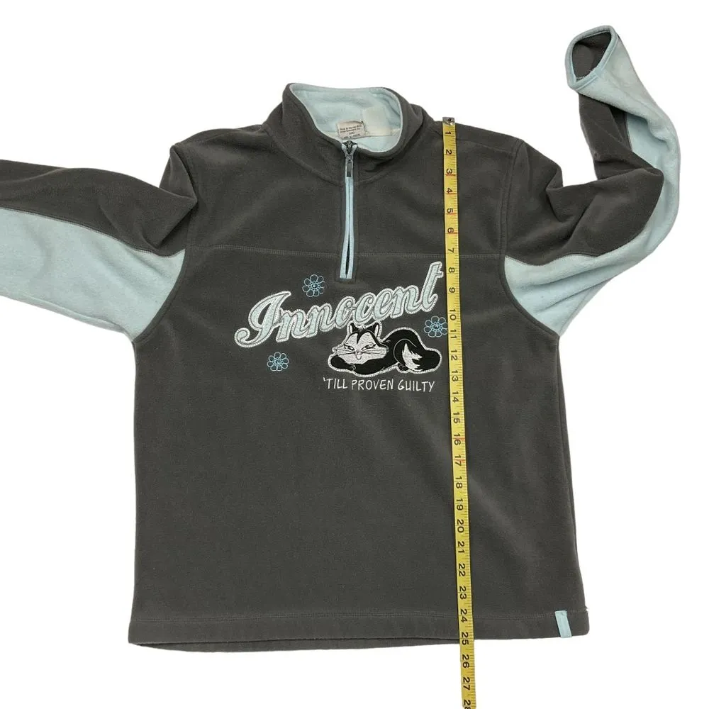 Looney Tunes 1/4 Zip Fleece Sweatshirt‎ Gray Blue "Innocent Till Proven Guilty" - Image 9