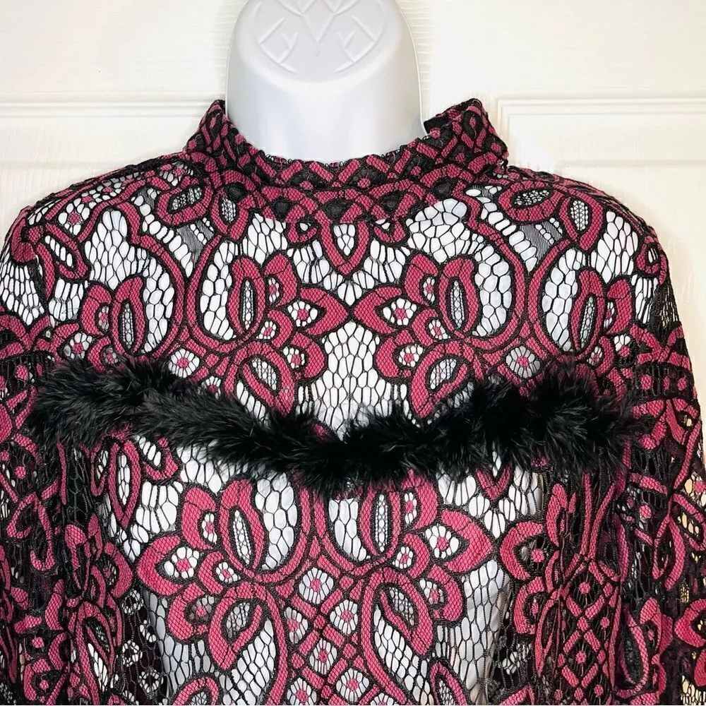 Dance & Marvel Lace Mockneck Open Back Feather Trim Blouse Maroon Black M - Image 5