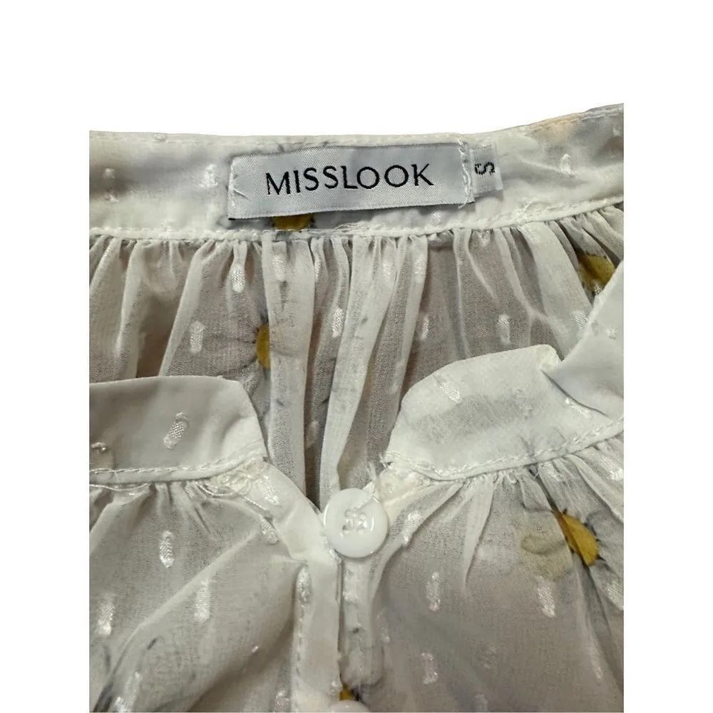 Misslook white daisy print chiffon long sleeve peasant blouse S - Image 3