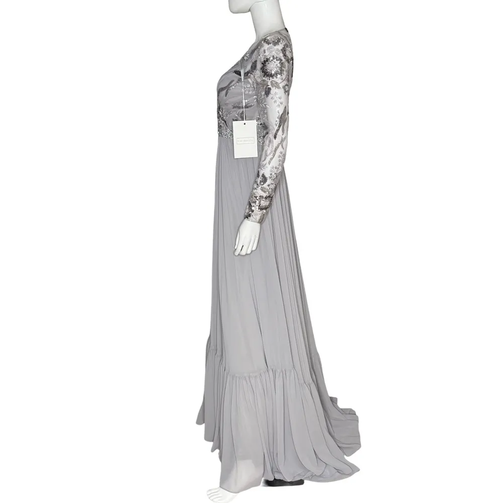 Mac Duggal Beaded Floral Chiffon Skirt Gown Platinum Women’s Sz 2 - Image 2