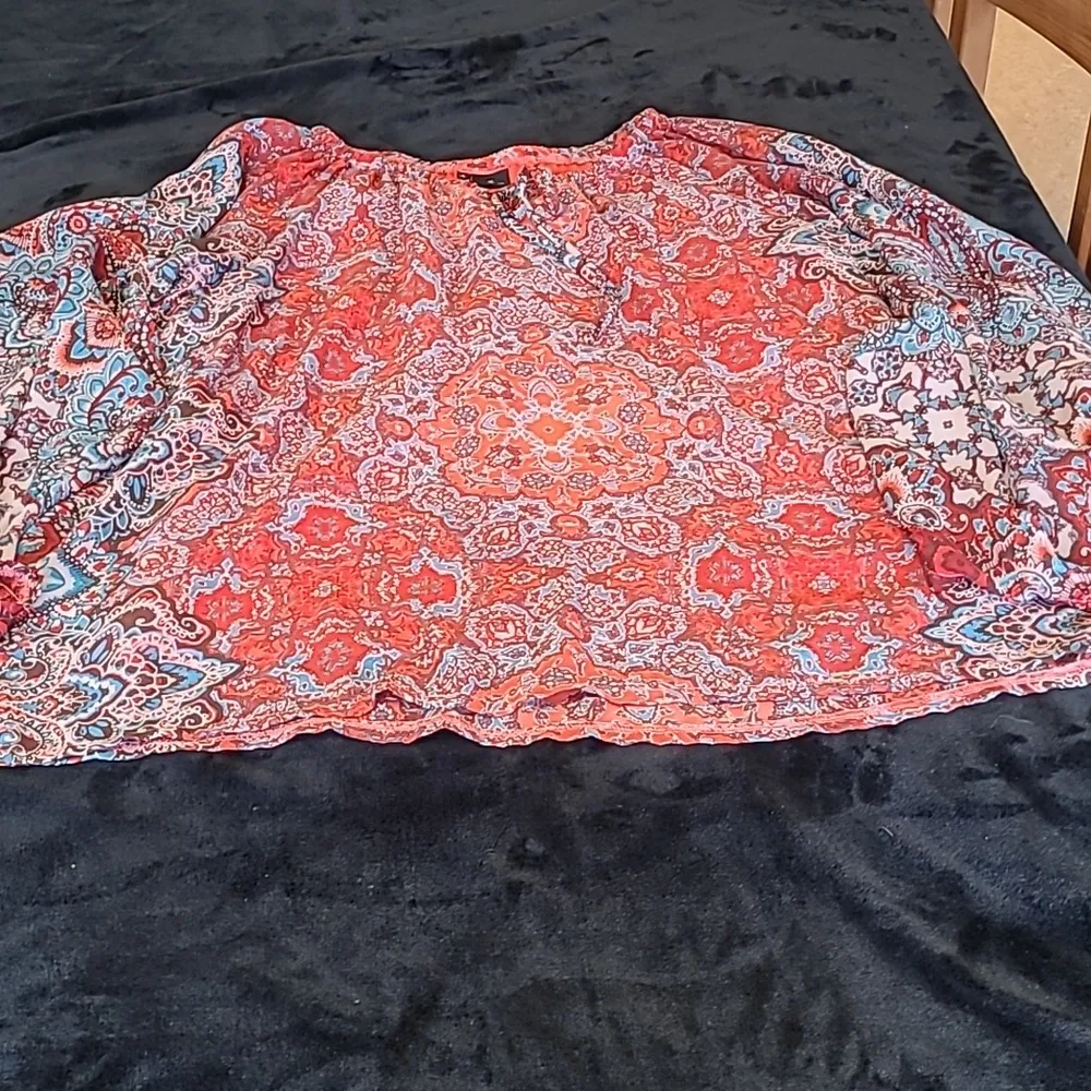 NEW DIRECTIONS BOHO Gathered Neck with large Sheer BELL Sleeves Top Orange Size XL - Image 7
