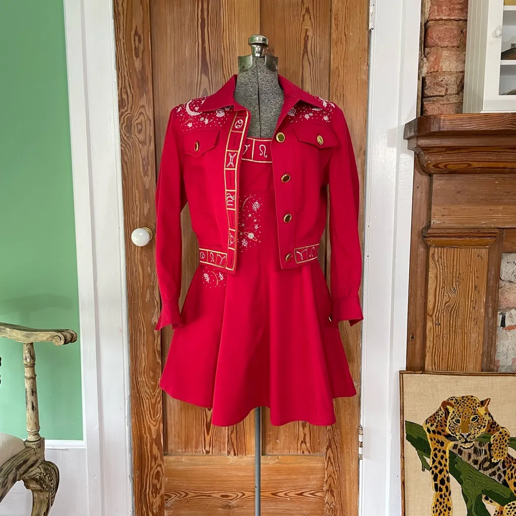 Rare Vintage Christian Llinares Celestial Astrology Dress & Jacket Set Y2K Sz S Red - Image 9