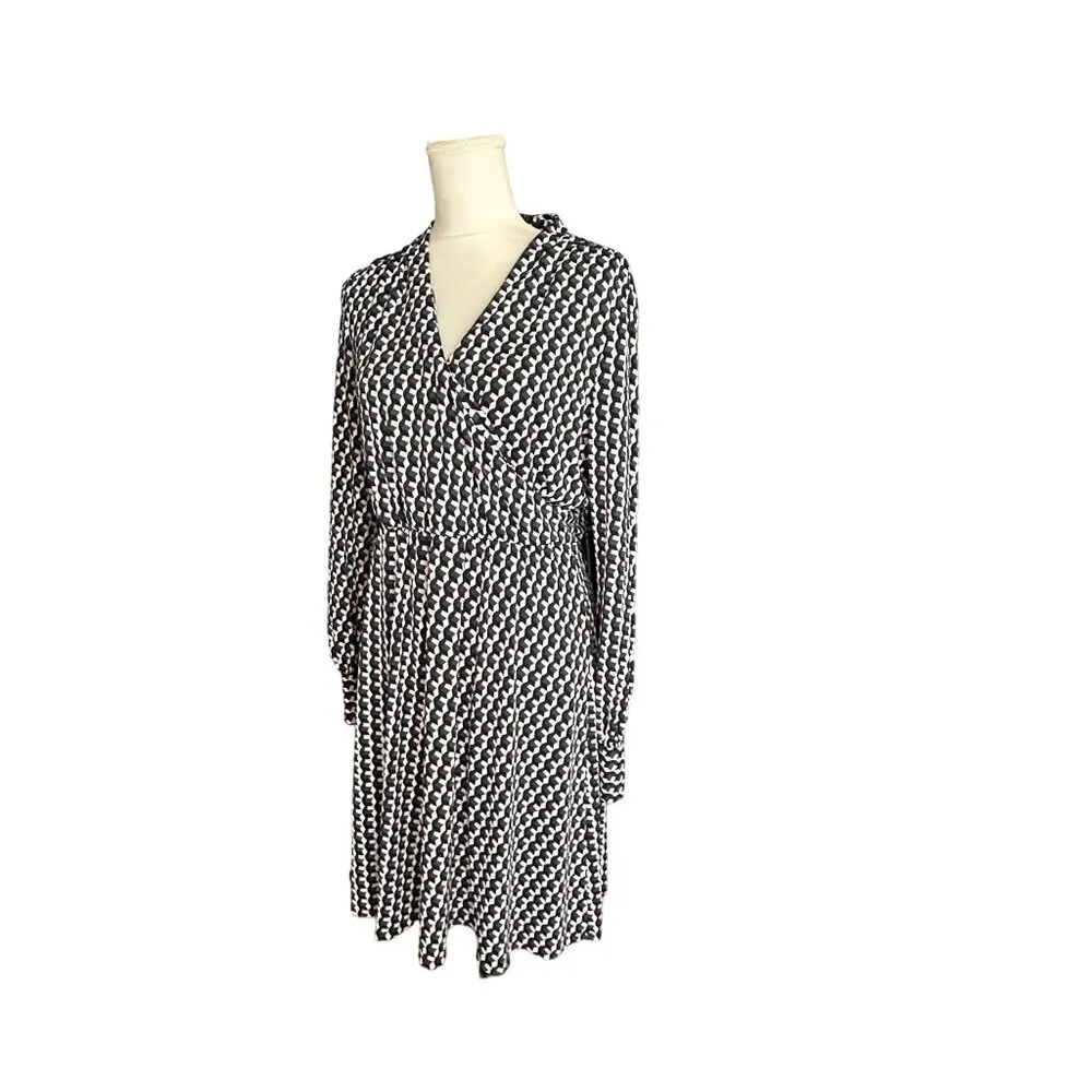 Adrianna Papell Faux Wrap Geometric Print V-Neck Long Sleeve Dress M Office Wear - Image 3