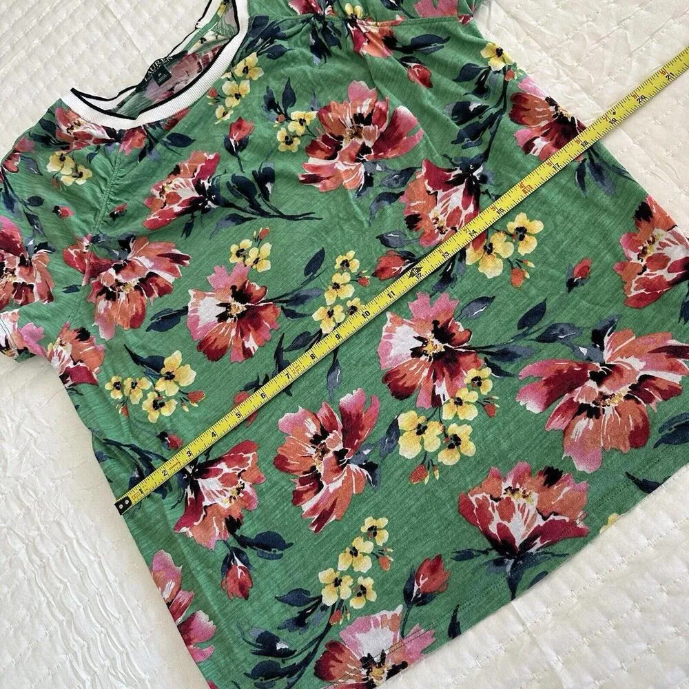 Lauren Ralph Lauren T Shirt Sz Medium M Green Floral Print Flowers Crew Neck Tee - Image 5