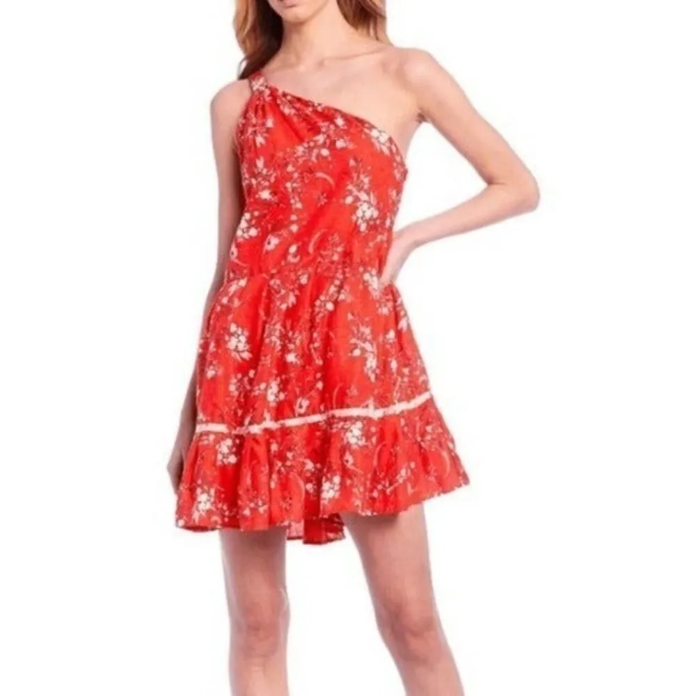 FREE PEOPLE All Mine Red Floral One Shoulder Ruffle Hem Mini Dress Size XS - Image 12
