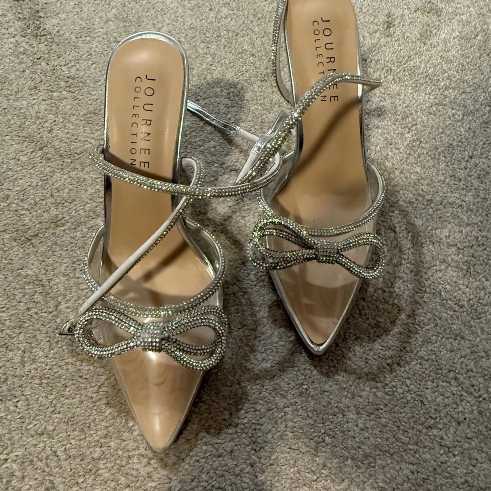 Women's Silver High Heel Sandals with Rhinestone Bow Accent - Image 6