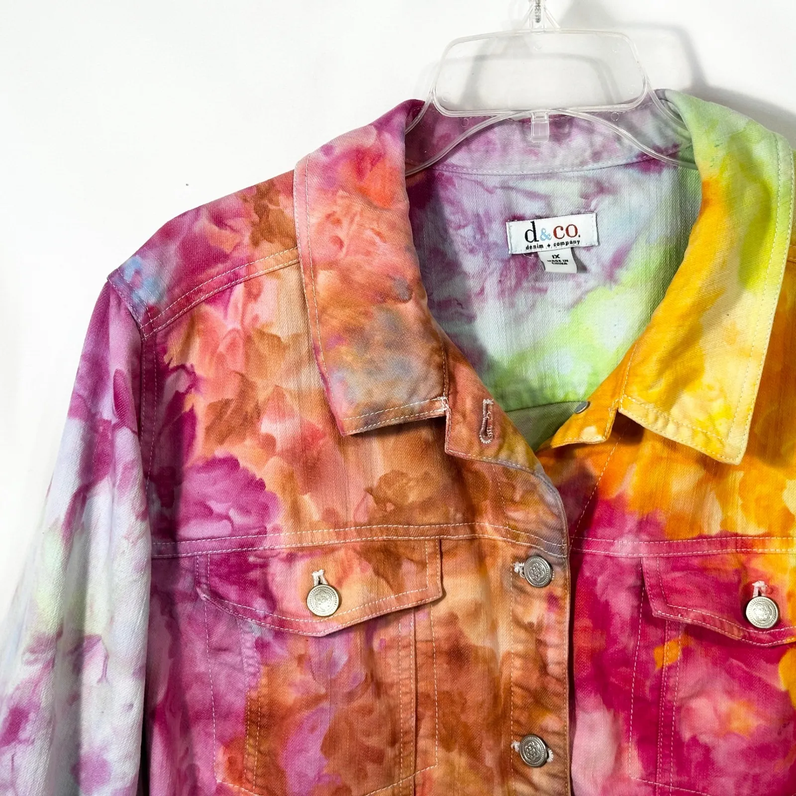 Denim & Co‎ Plus Size 1X Denim Jacket Handmade Tie Dye Jean Rainbow Boho 1097 Pink - Image 3