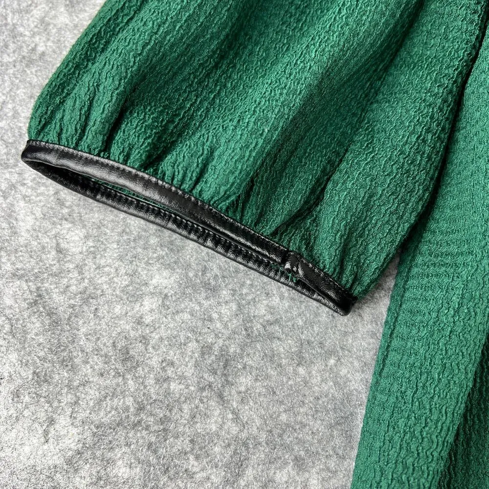 NWT Sandra Darren textured Hunter Green Tiered Long Sleeve Dress blk trim Size L - Image 6