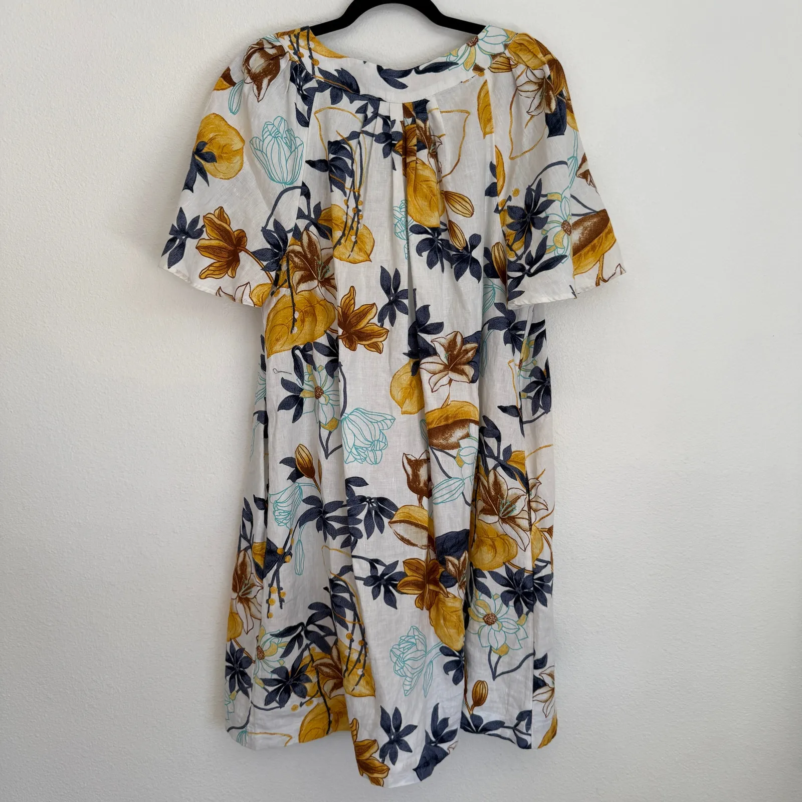 Chico's Sz L 100% Linen Mini Dress Vacation Beach Resort Blue Yellow Floral - Image 3