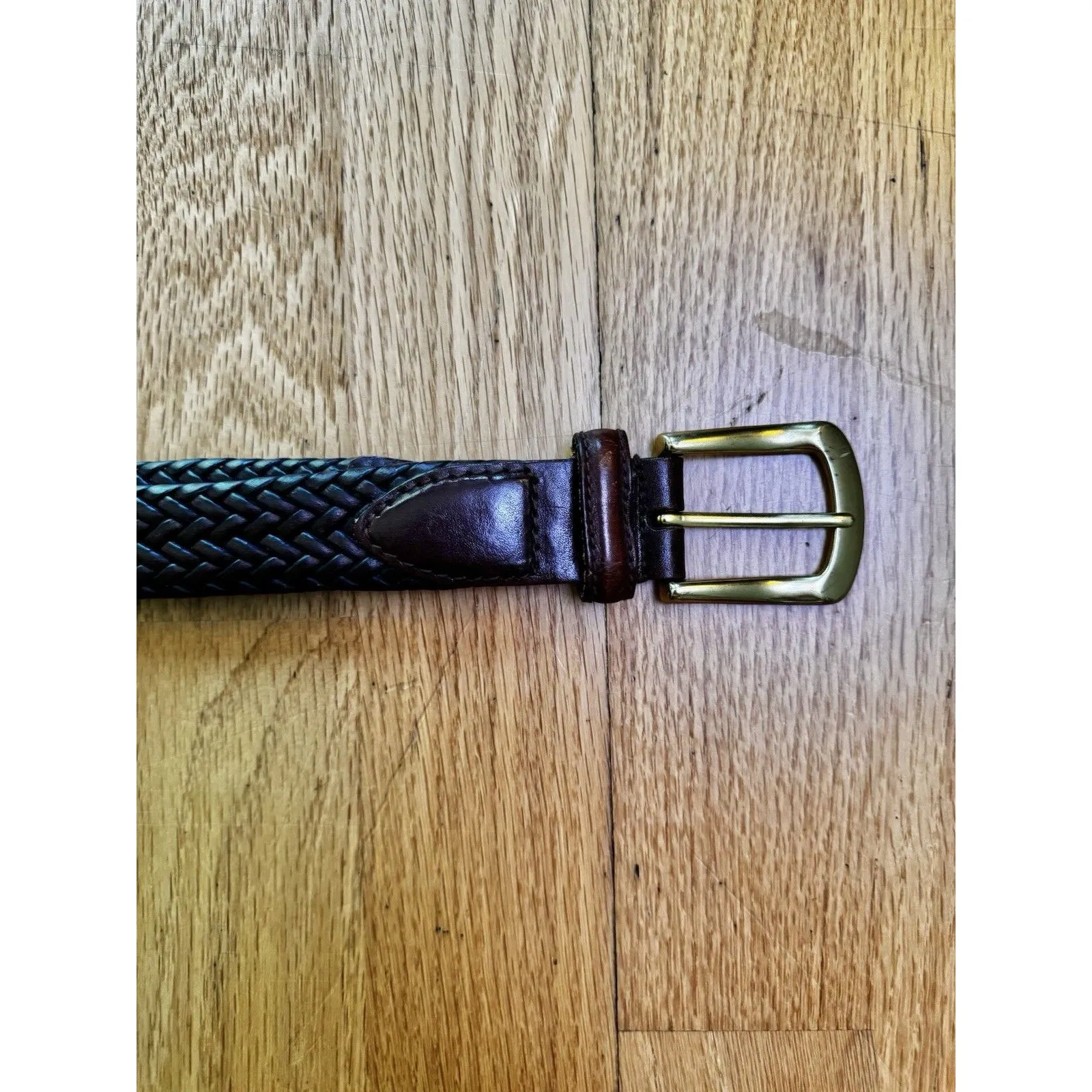 Genuine Leather Bonded Lacing Woven Braided Brown Belt Brass Buckle Size 40 - Image 5