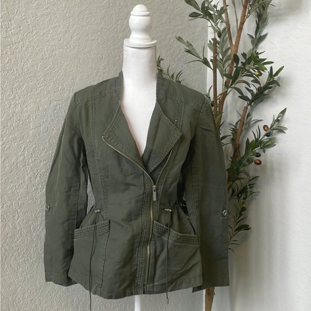 Kenneth Cole New York Women’s Utility Moto Style Linen Blend Jacket Size Small Green - Image 2