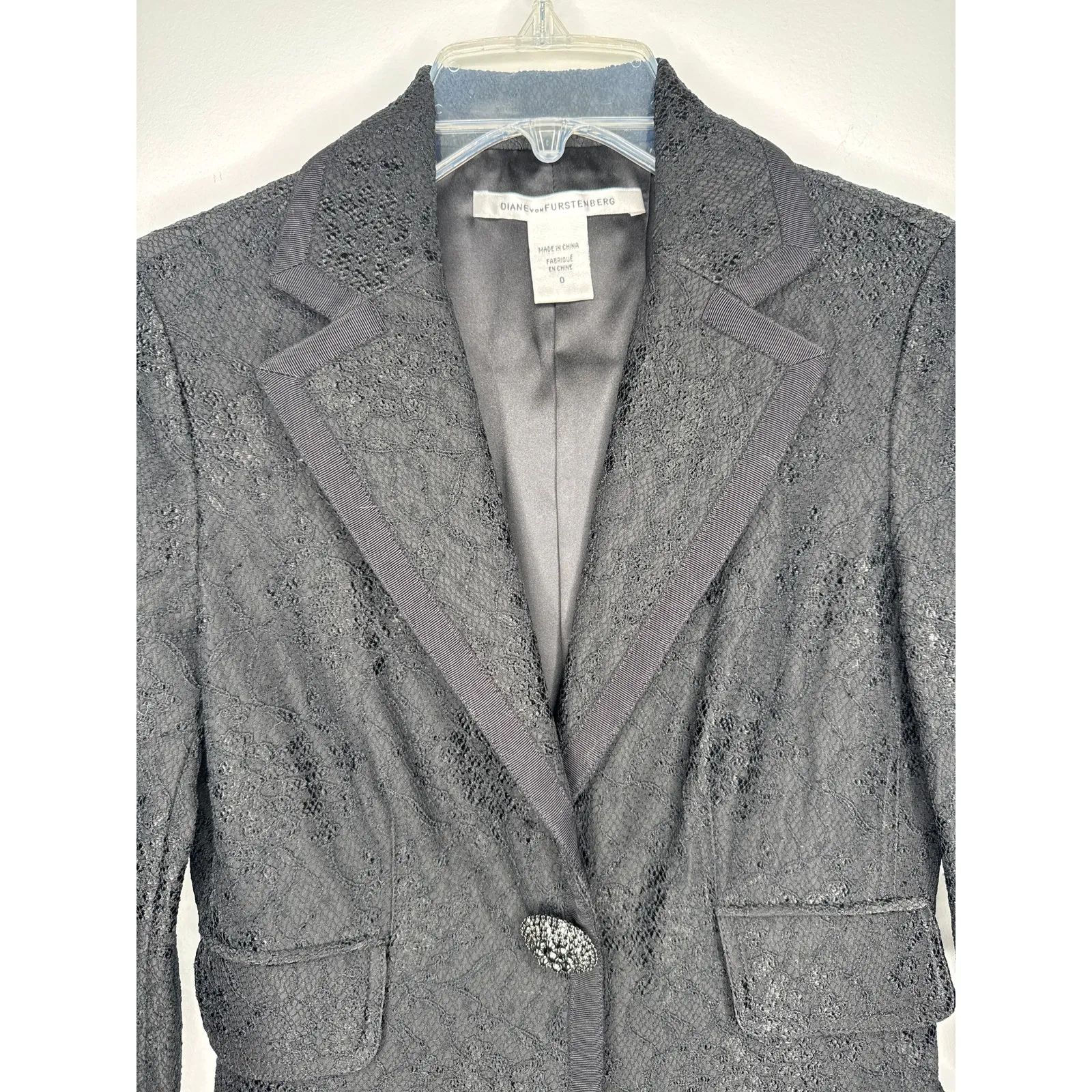 Vintage Diane von Furstenberg DVF Black Lace Blazer formal crystal button Size 0 - Image 13