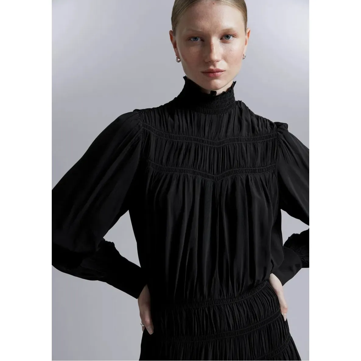 & OTHER STORIES Smocked-Neck Mini Dress Size 8 Black Long Sleeve - Image 3