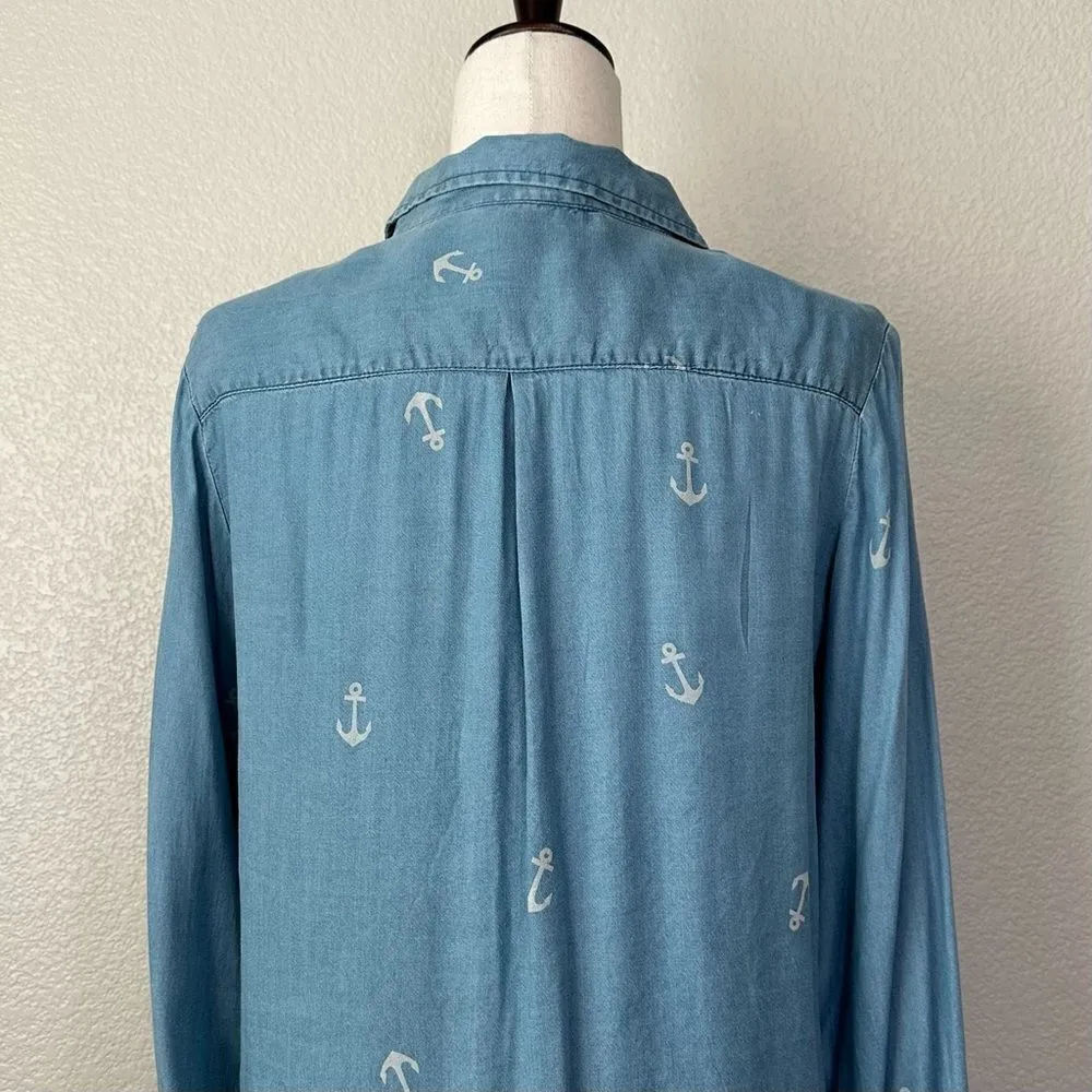 Life Style 100% Tencel Chambray Anchor Quarter Button Top Blue Size M - Image 7