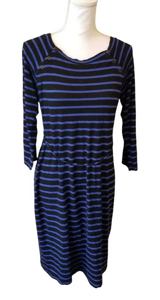 Motherhood Maternity Black & Blue Striped 3/4 Sleeve Dress W/Tie Waist - Image 1
