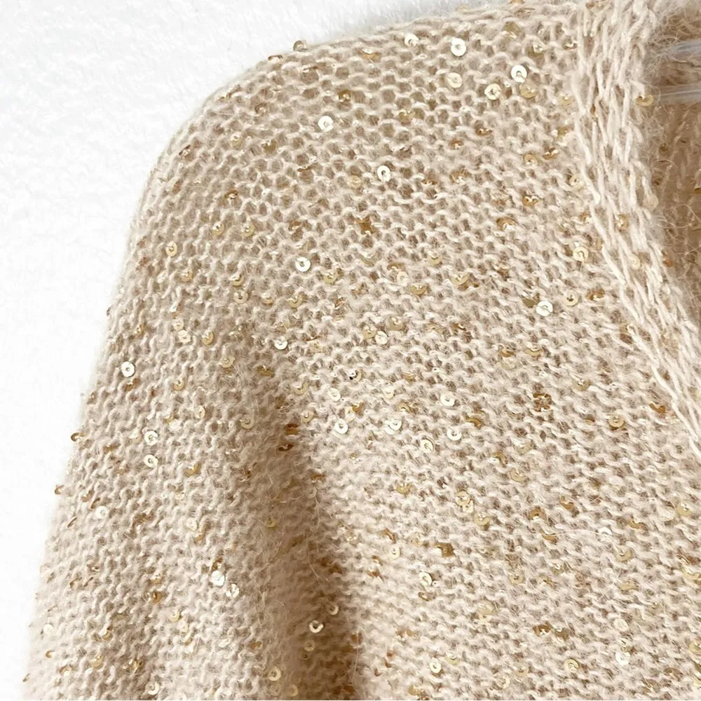 GARNET HILL Metallic Gold Sequin Alpaca Wool Blend V-Neck Sweater, Size Medium - Image 8