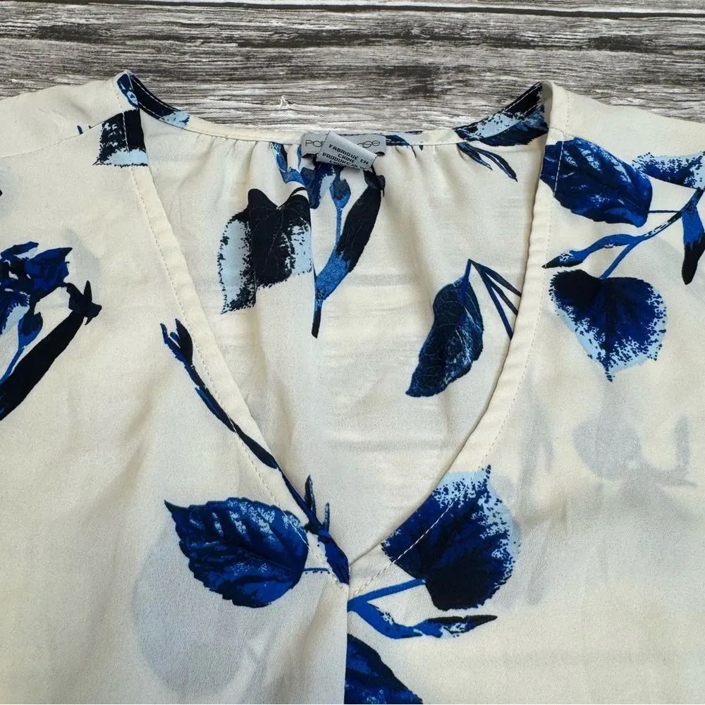 Paraphrase Women's Floral Foliage V Neck Blouse Cream Blue M Med Medium Pullover - Image 3
