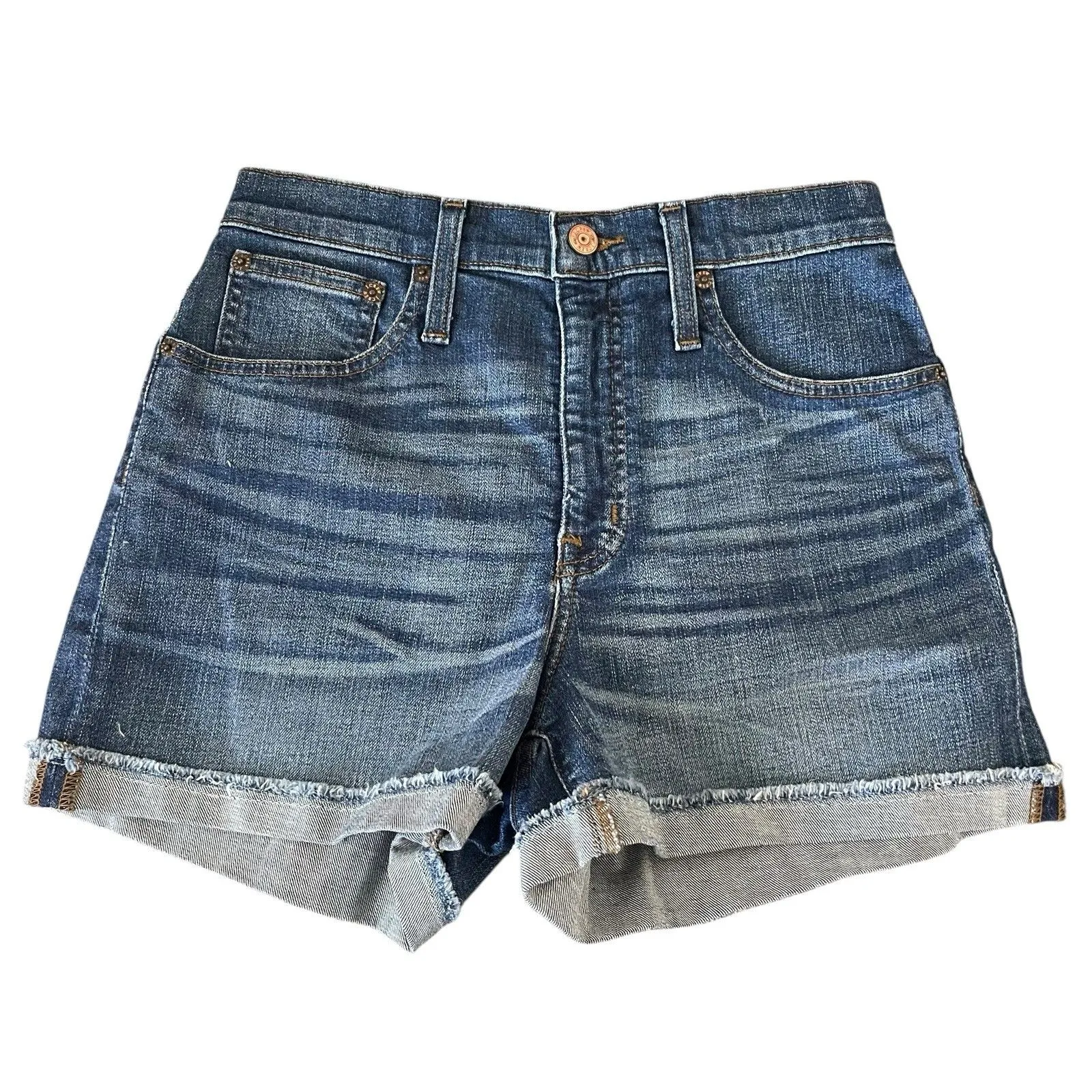 J.Crew Womens Short Sz 26 Medium Wash Denim High Rise Stretch Rolled Raw Hem Blue - Image 2