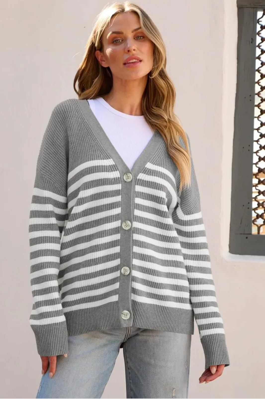 MEROKEETY Women's Striped Cardigan Sweater Open Front Button Tweed Knit soft - Image 1