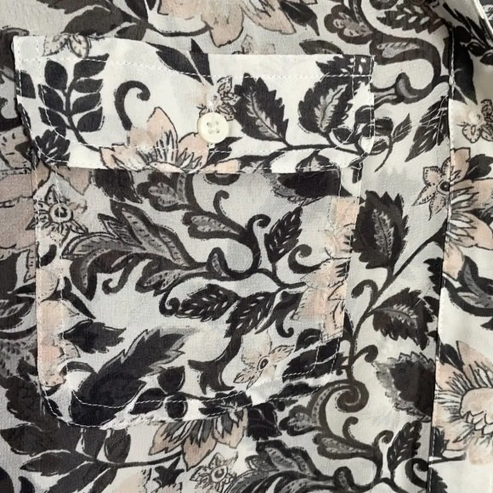 LOFT Pink and Black Floral Print tie up Sleeve Top/Blouse Medium - Image 3