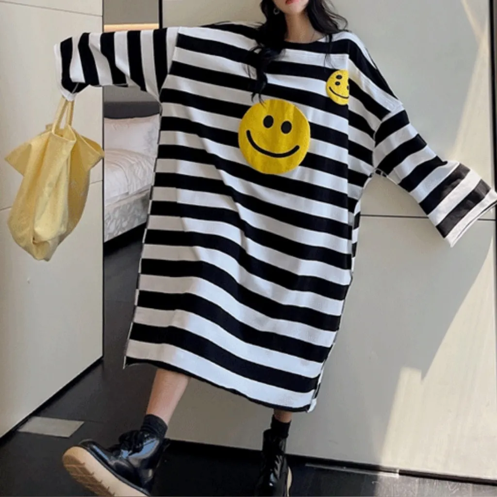 Smiley Face Alt Cyberpunk Skater Goth Edgy Retro Streetwear Trippy Stripes Dress - Image 4