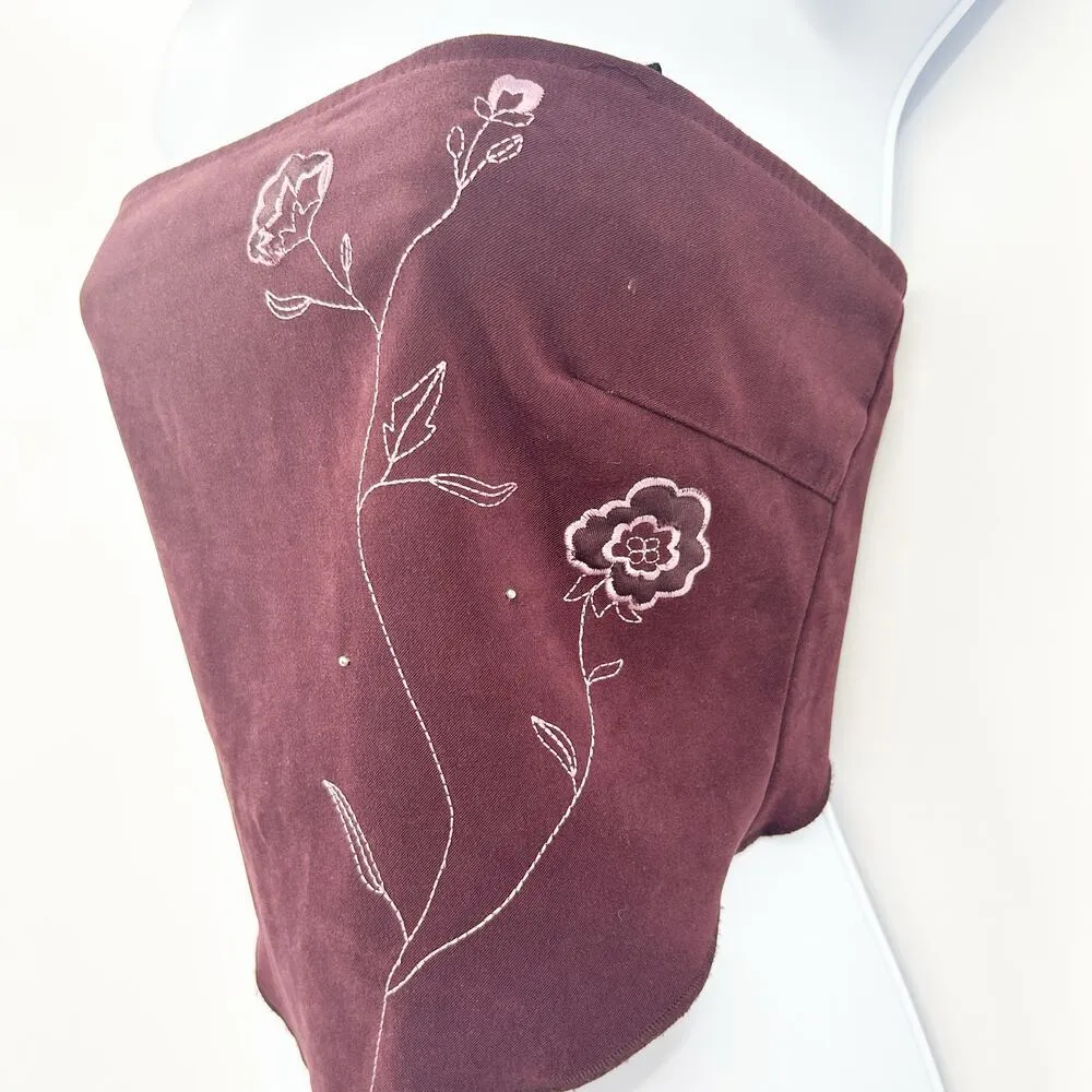 XOXO Womens Y2K Faux Suede Boho Festival Embroidered Floral Crop Tube Top Size S - Image 2