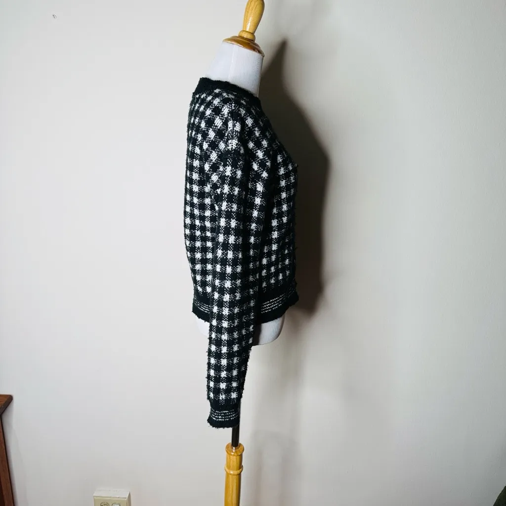 Aqua Black and White Checkered Gold Button Trim Sweater - Image 6