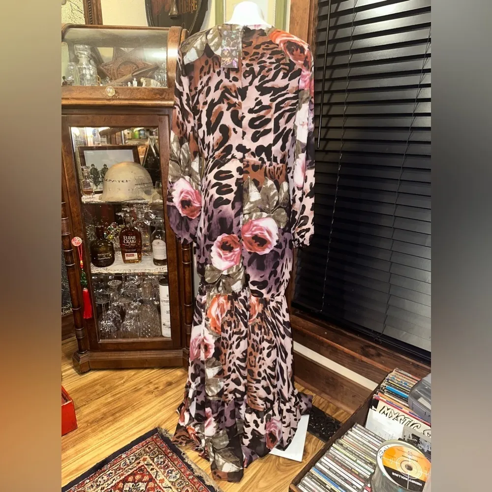 NWT GIFFNISETTI Leopard Print Long Sleeve Ruffle Hem Dresses Party Maxi Dress Purple Size XL - Image 5