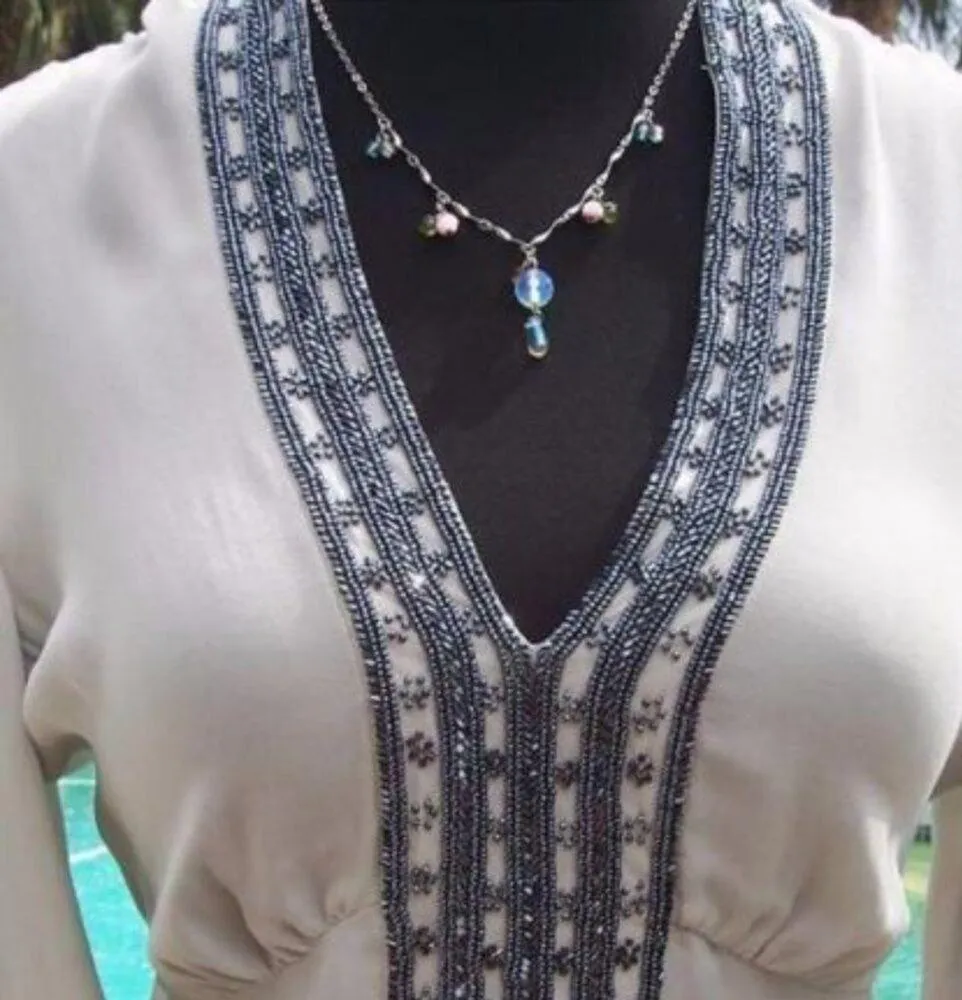 Cache Luxe Gray Silk Metallic Bead Top New Peasant Empire Tulip Sleeves NWT $158 - Image 3