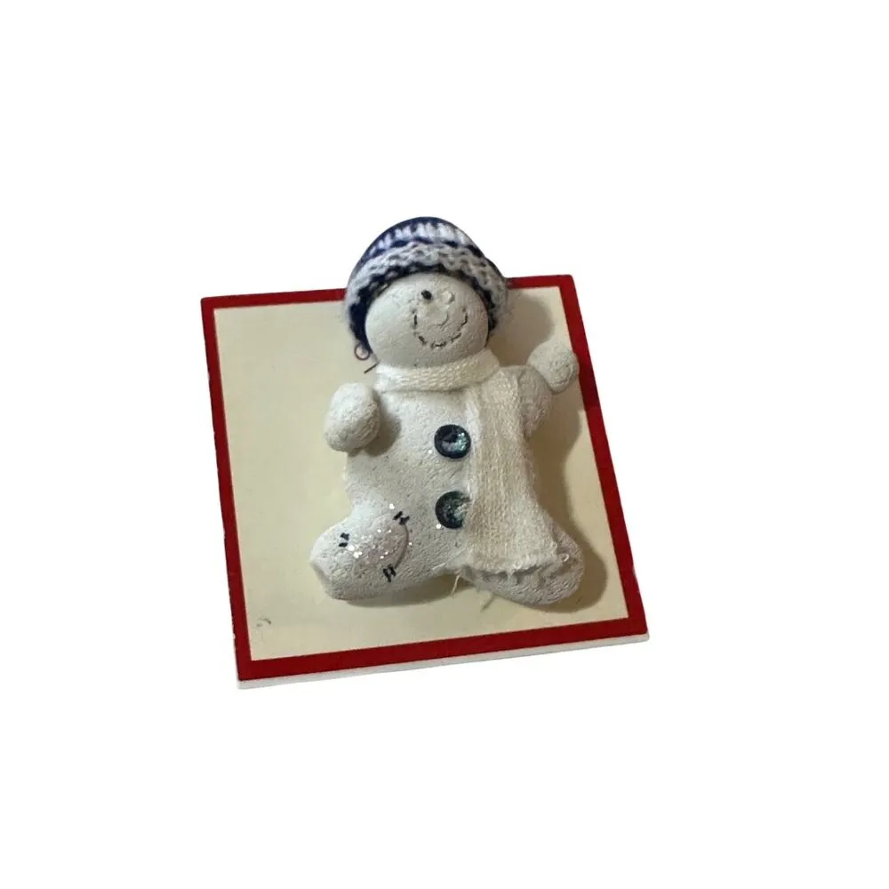 Handmade Snowman With Scarf Christmas Brooch Pin With Knitted Hat Holiday Blue - Image 2