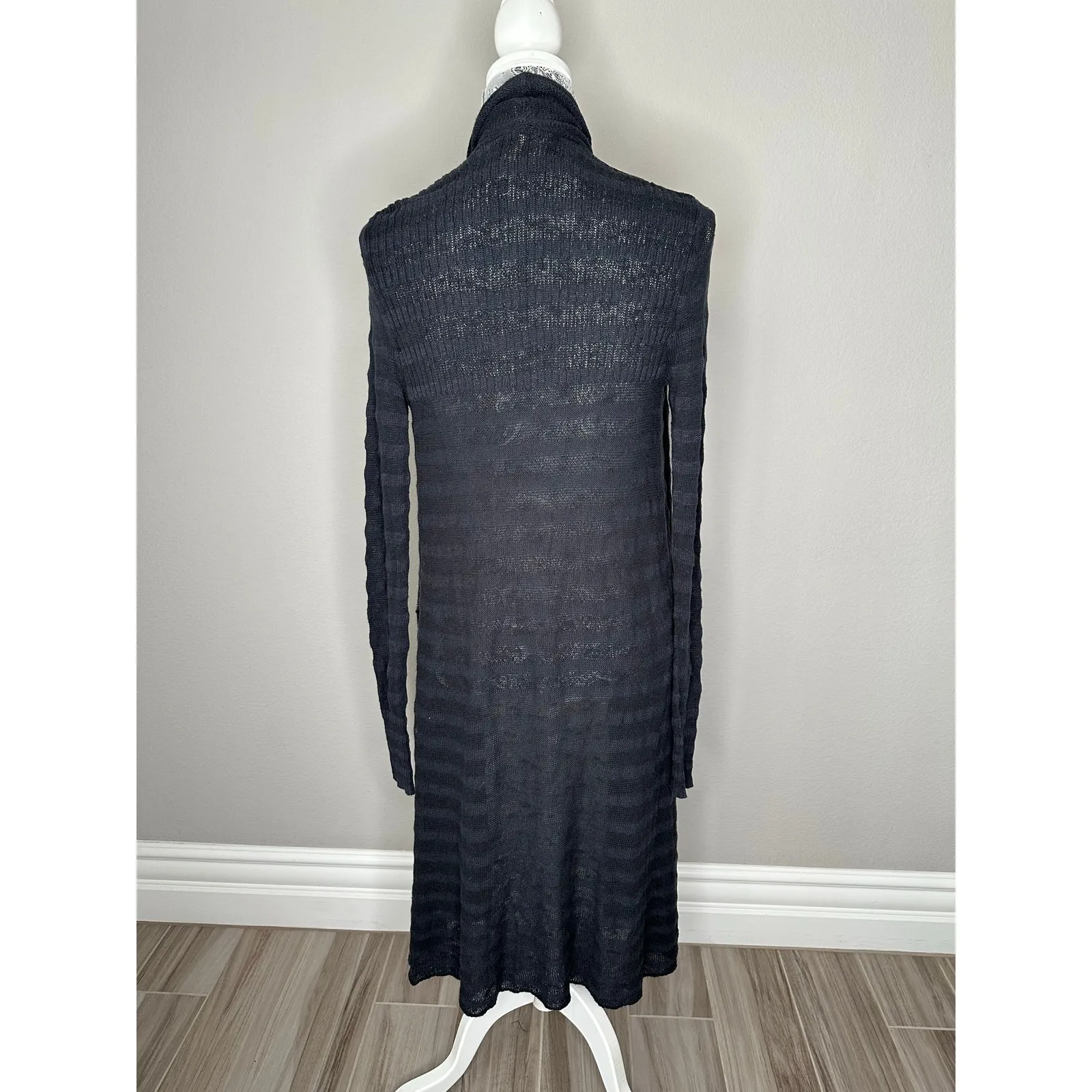 FREE PEOPLE Black Navy Striped Sweater Maxi Cardigan Duster 100% Cotton XS - Image 6