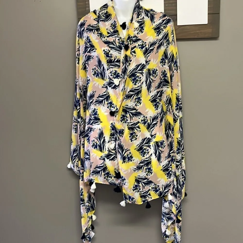 J. By J. Crew Tropical Yellow Blush Cream and Navy Wrap or Scarf with Tassels - Image 3