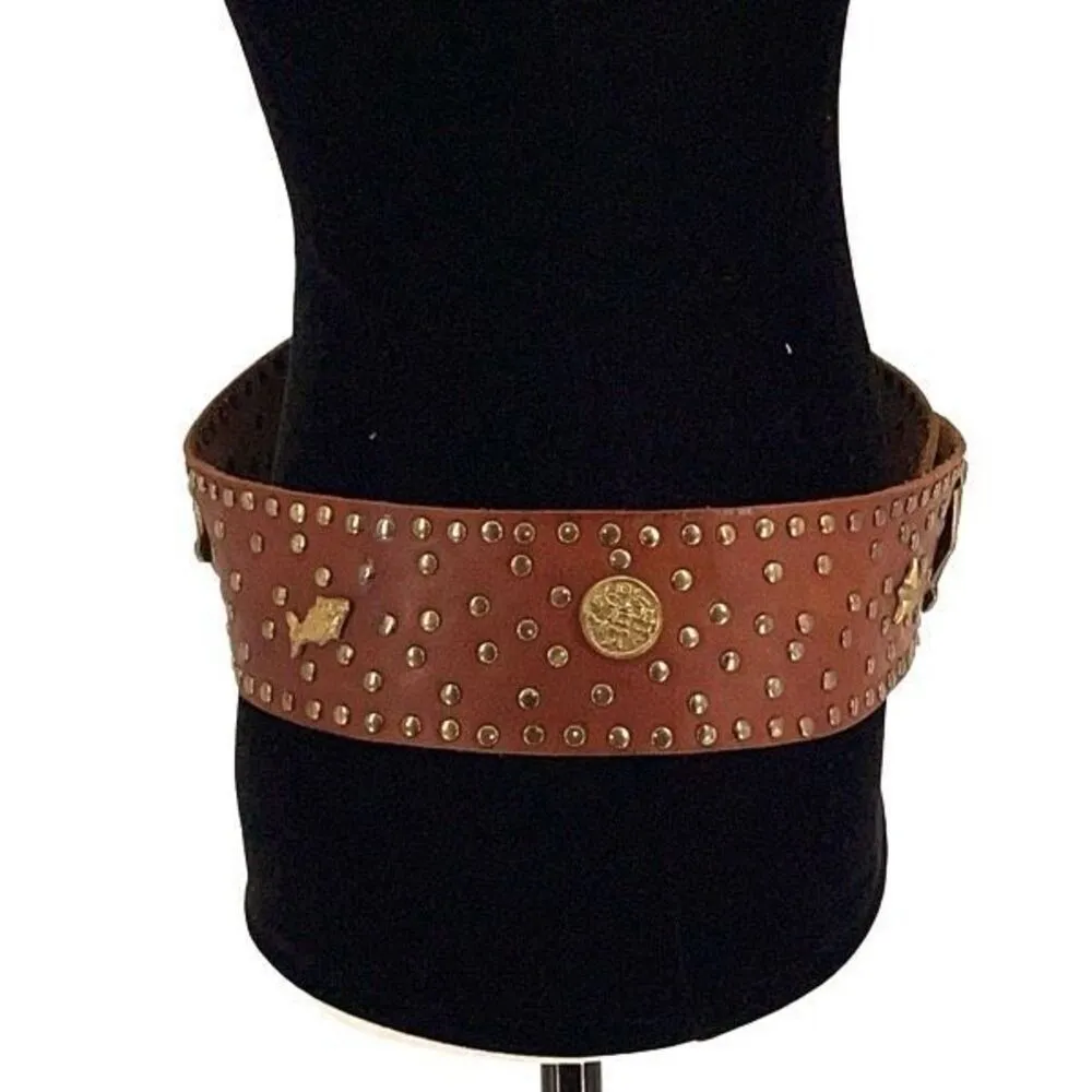 Womens Studded Leather Brass Rivets Turtle Wide Waist Belt Brown Size 36‎ 1/4" - Image 4