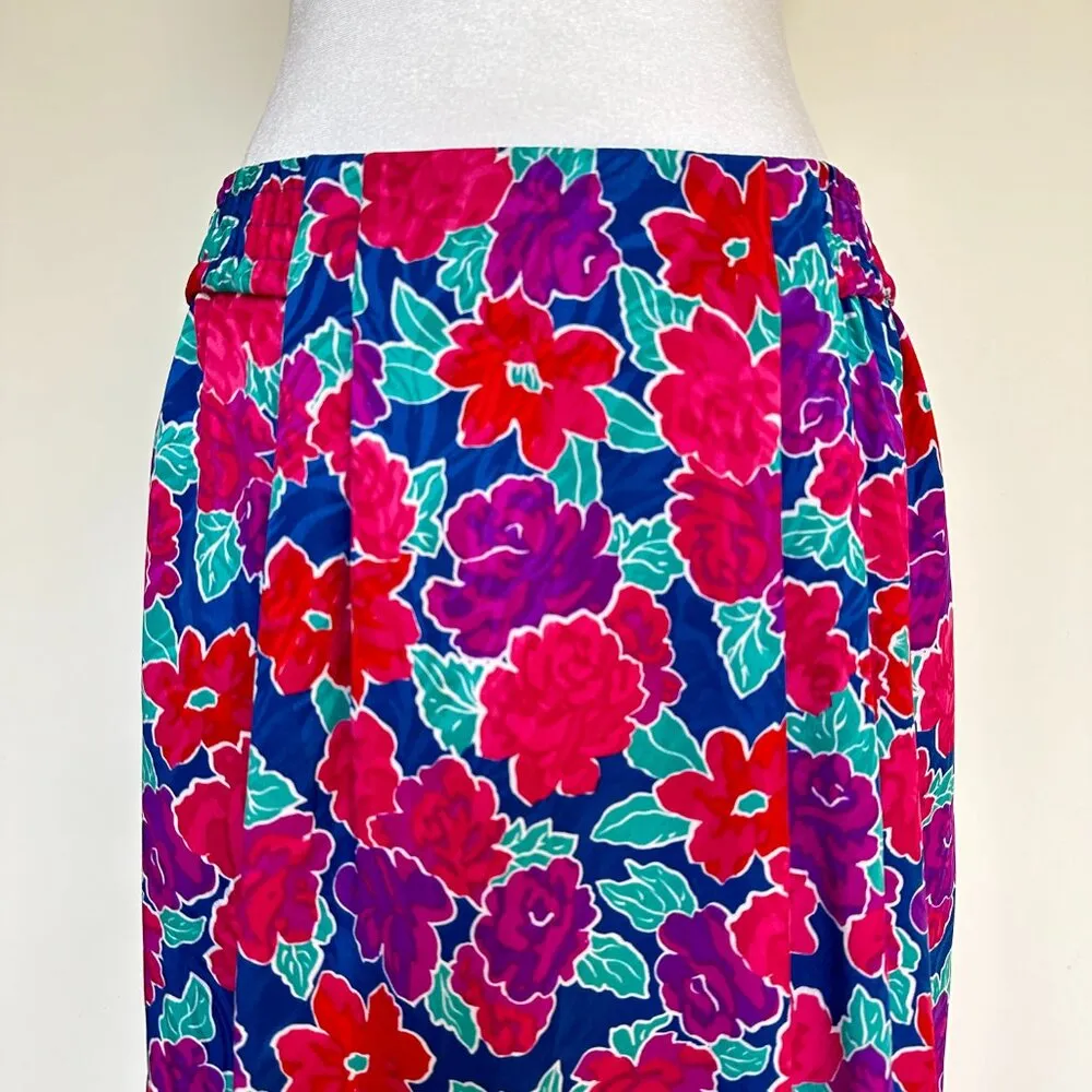 Vintage Floral Midi Skirt Size L Bright 80s Elastic Waist Pleated Front Size L - Image 2