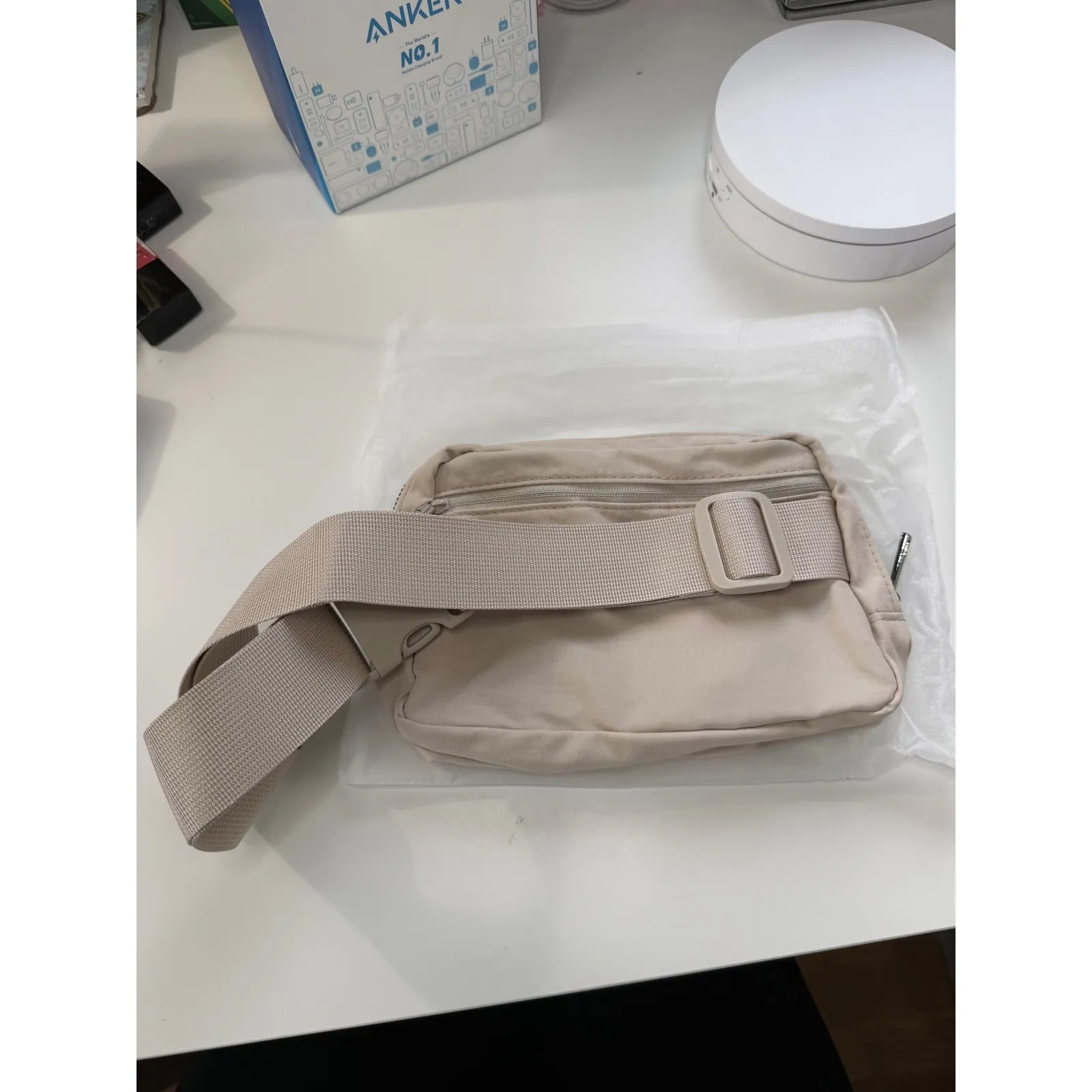 Light Beige Fanny Pack Belt Bag with Pink Crown Graphic Adjustable Strap Tan - Image 3