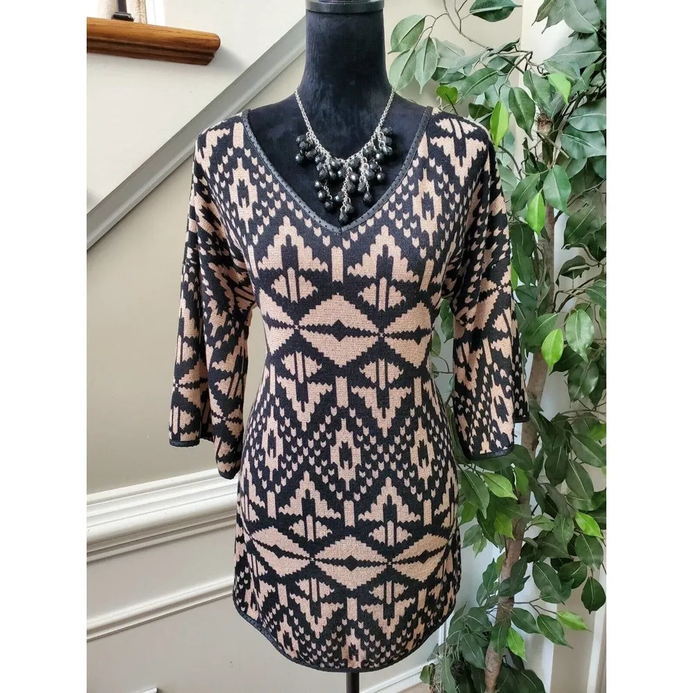 Fab'rik Beige & Black Polyester V-Neck Half Sleeve Geo Print Dress Small - Image 12