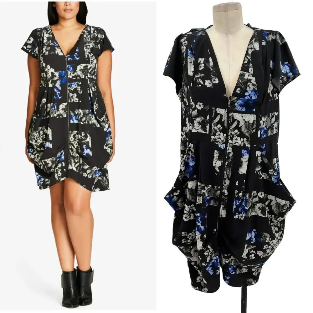 City Chic Geometric Floral Print Ultra Blue Zip Front Dress Black Plus‎ Size 16 - Image 2