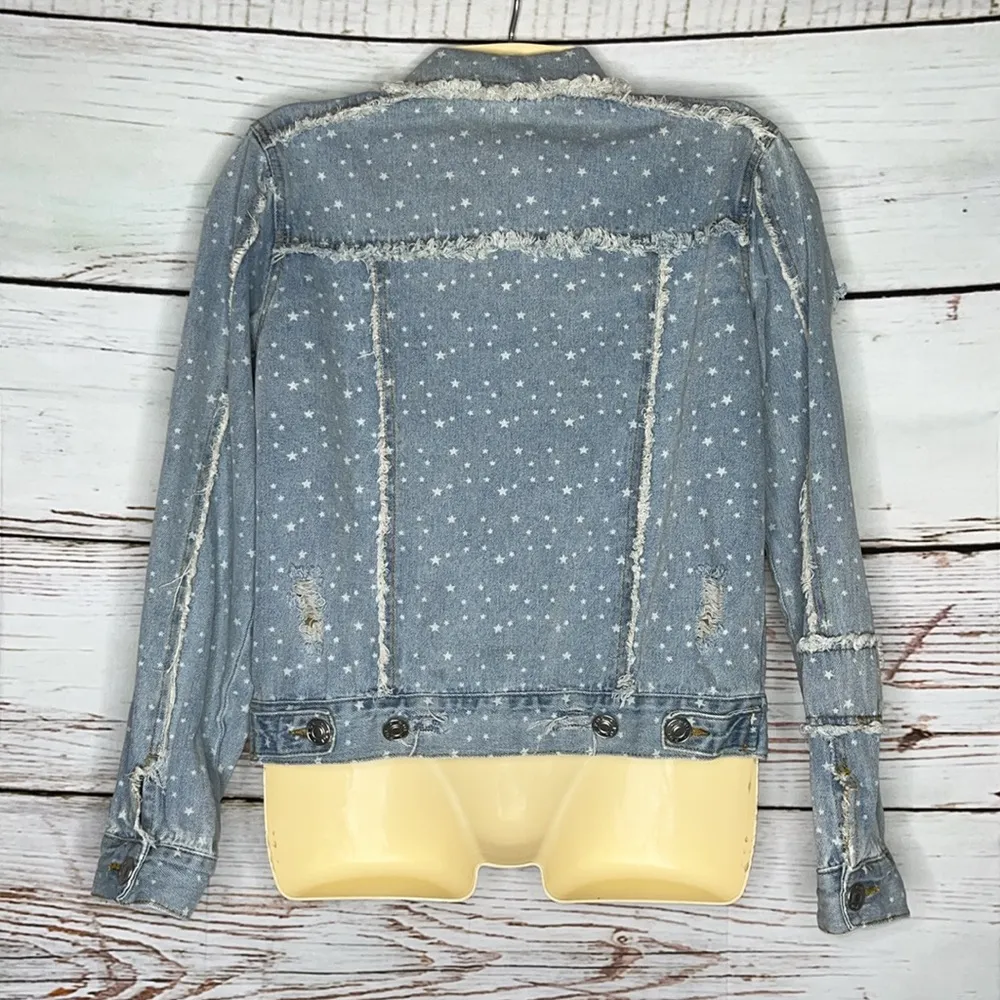 POL Size S Blue - White Star Print Distressed Frayed Denim Jean Jacket - Image 2