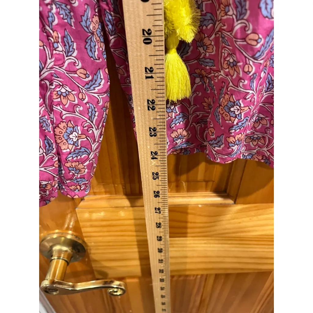 J.Crew Womens Starina Pink Floral Print Yellow Embroidered Tassel Top Boho Small - Image 5
