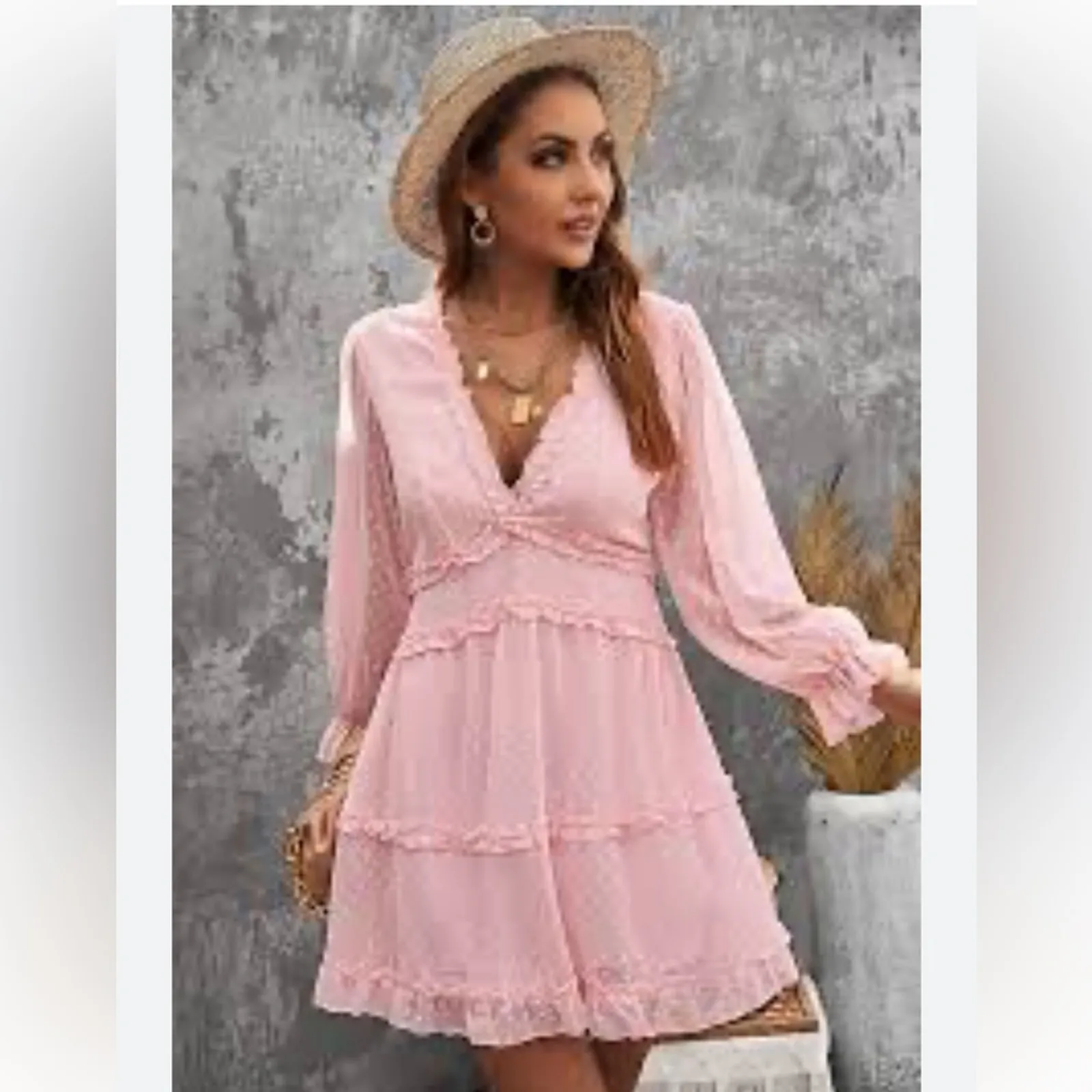 Pink Clip Dot Faux Wrap Mini Dress Size Small Ruffle Babydoll Open Back Dress - Image 2
