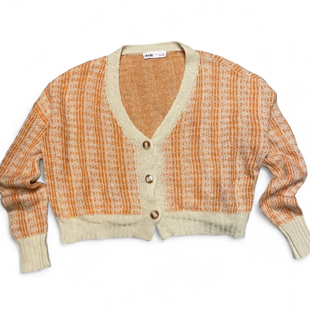 Elodie Womens Orange Cream Cropped Cardigan Knit cottagecore  Sweater Large - Image 2