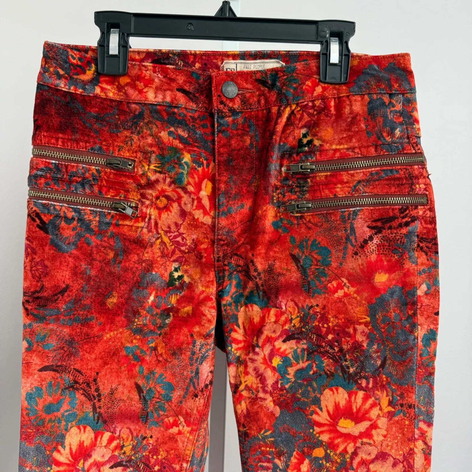 Free‎ People Floral Velvet Moto Pants sz 6 Orange Burning Man Funky Art to wear - Image 2