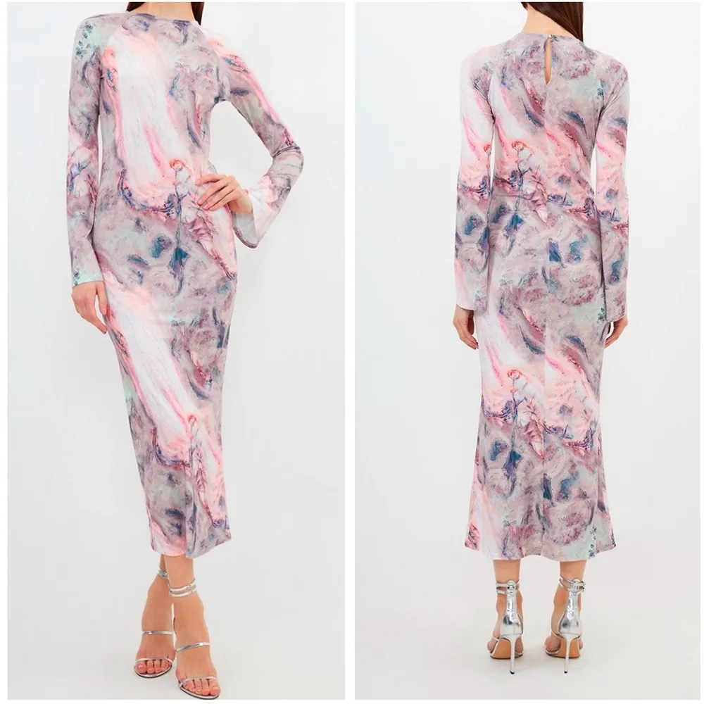 Karen Millen Marble Print Jersey Long Sleeve Maxi Dress in Pink - Image 10