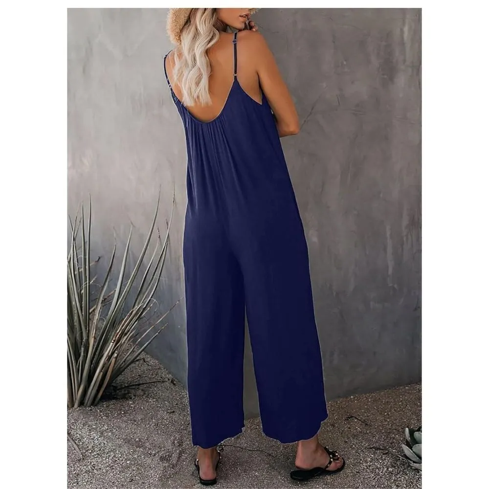 NEW Happy Sailed Casual Loose Jumpsuit Long Romper Pockets S Blue - Image 2