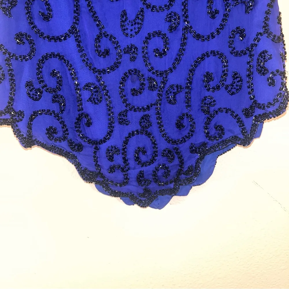 Laurence Kazar Vintage 100% Silk Beaded Top Pointed Hem Blue Black M - Image 5